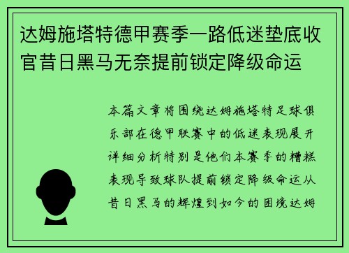 达姆施塔特德甲赛季一路低迷垫底收官昔日黑马无奈提前锁定降级命运
